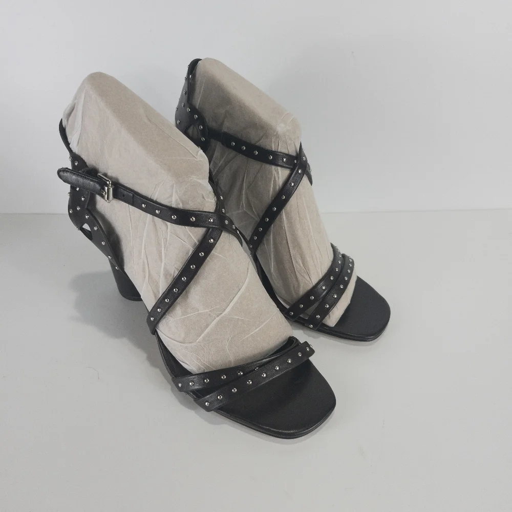 Rebecca Minkoff Adeleine Studded Crisscross Block Heel Sandals Black -7.5 - Picture 2 of 4